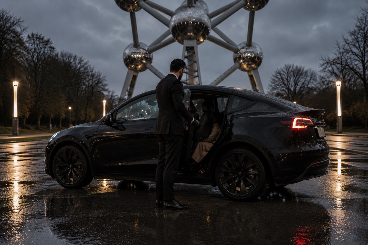 Chauffeur B-DRIVE devant une Tesla à Koekelberg