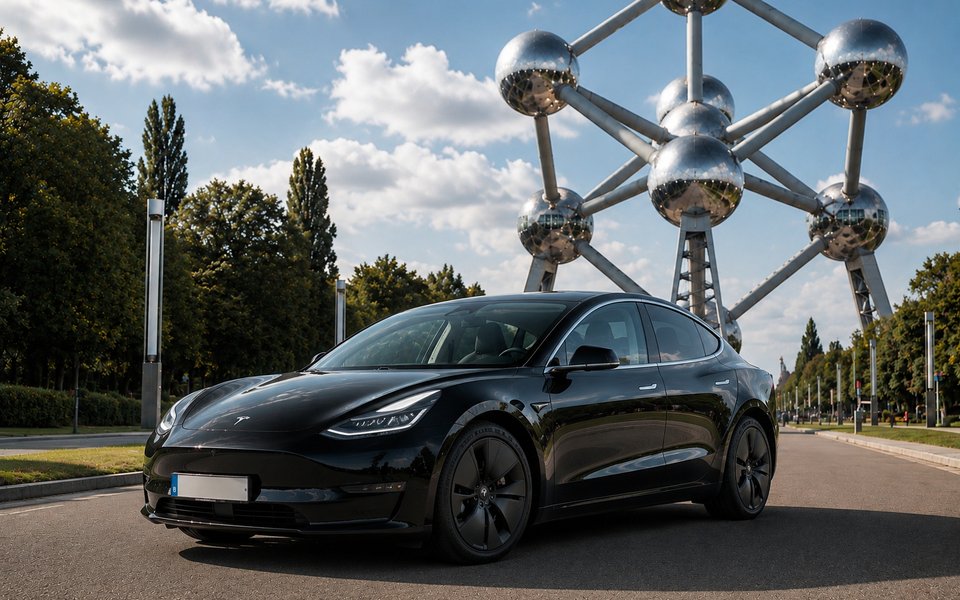 Tesla Model 3 noire B-DRIVE devant l'Atomium à Bruxelles