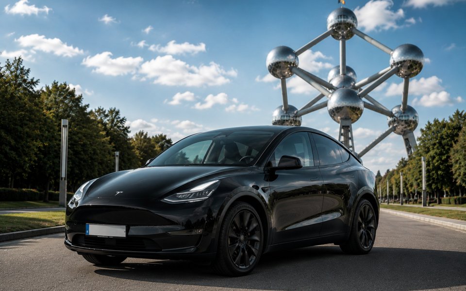 Tesla Model Y noire B-DRIVE devant l'Atomium à Bruxelles